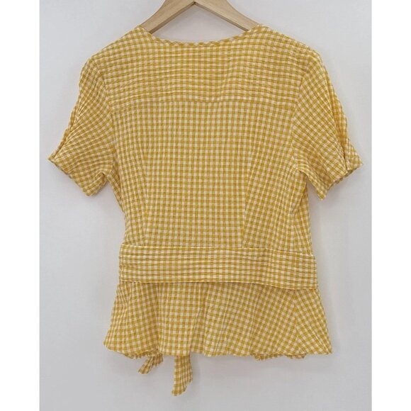 Max Studio Yellow Check Wrap Blouse Sz L Boho Cottage Prairie Preppy Western - Picture 3 of 9